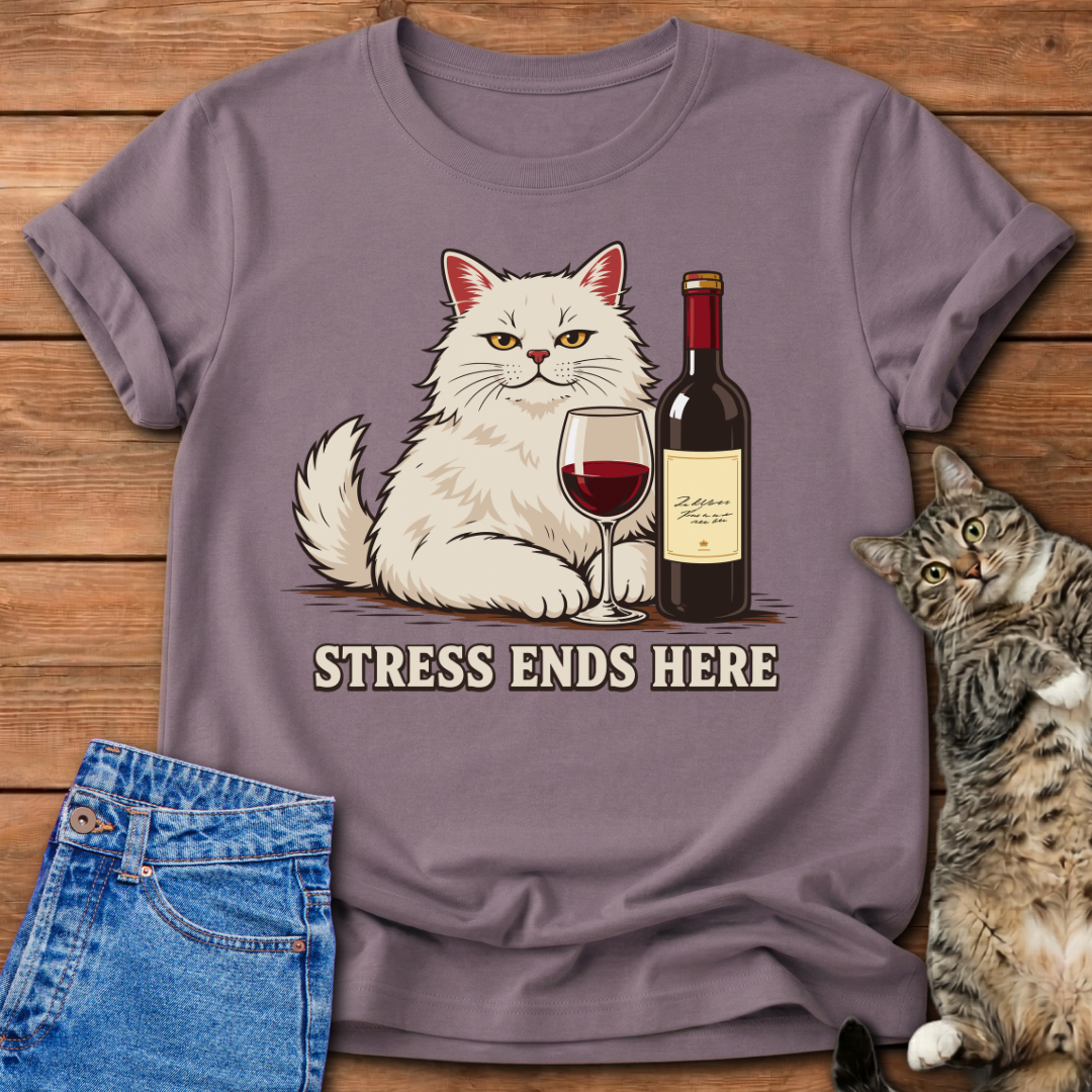 Stress Ends Here Cat & Wine T-Shirt