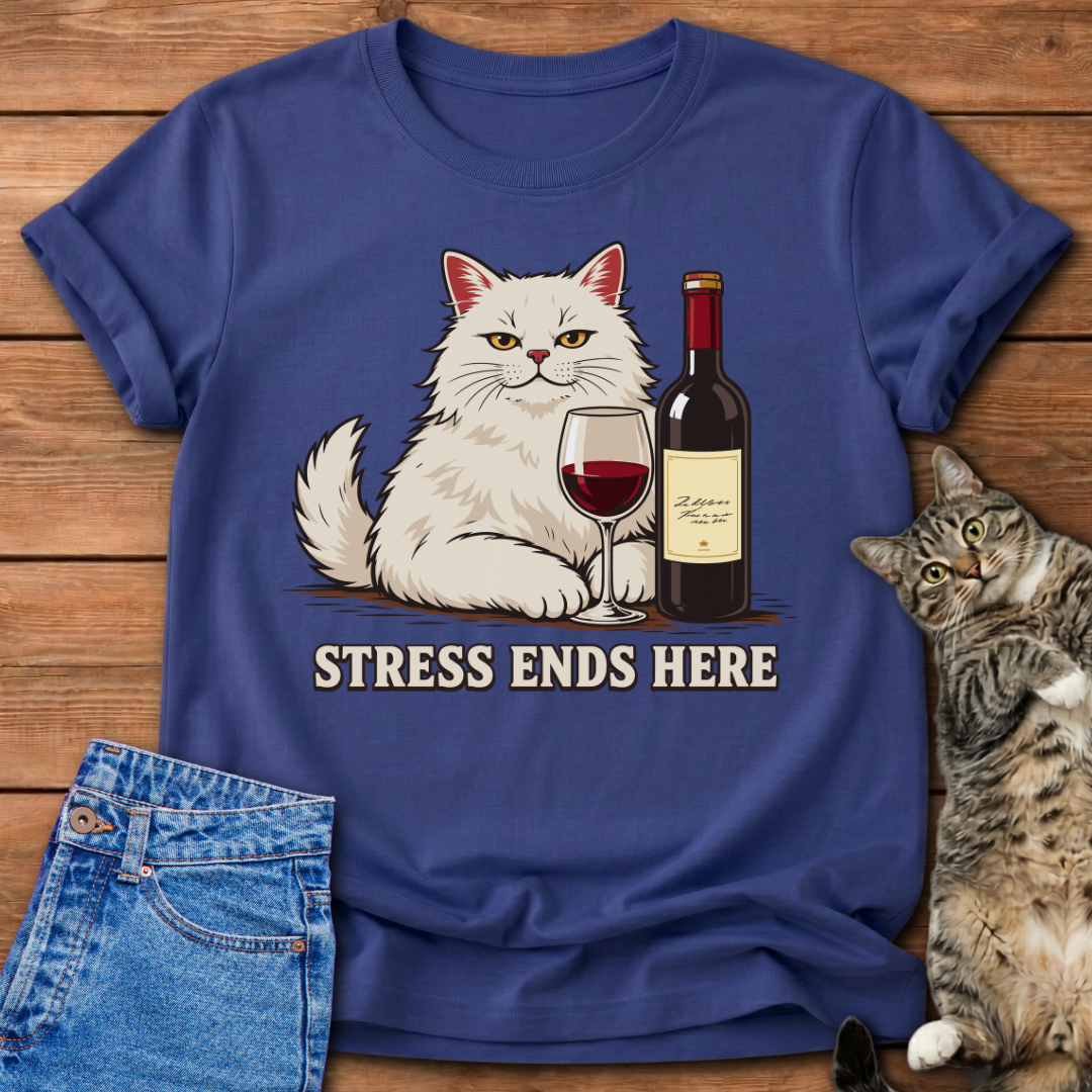 Stress Ends Here Cat & Wine T-Shirt