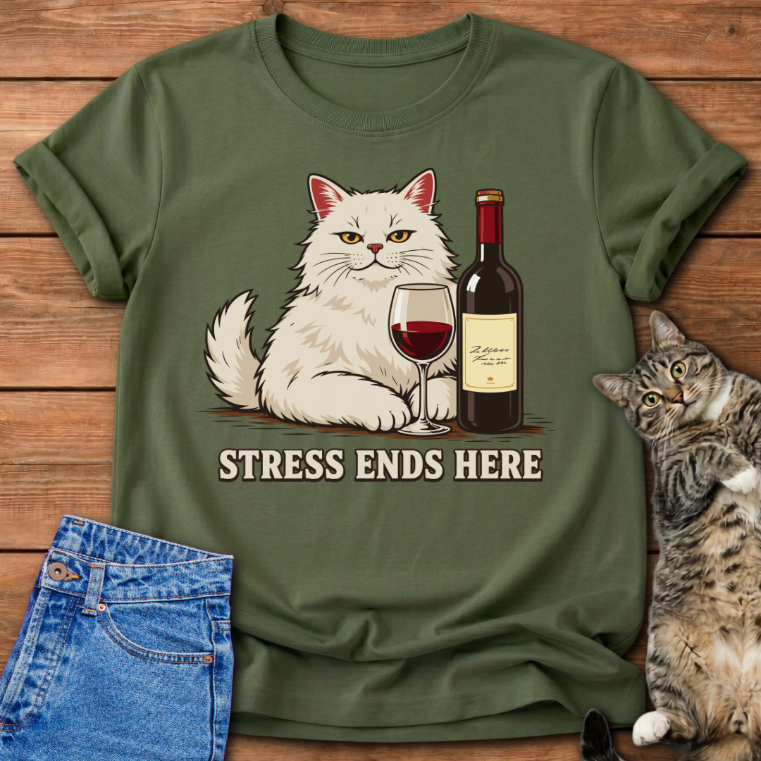 Stress Ends Here Cat & Wine T-Shirt