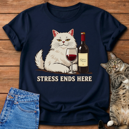 Stress Ends Here Cat & Wine T-Shirt