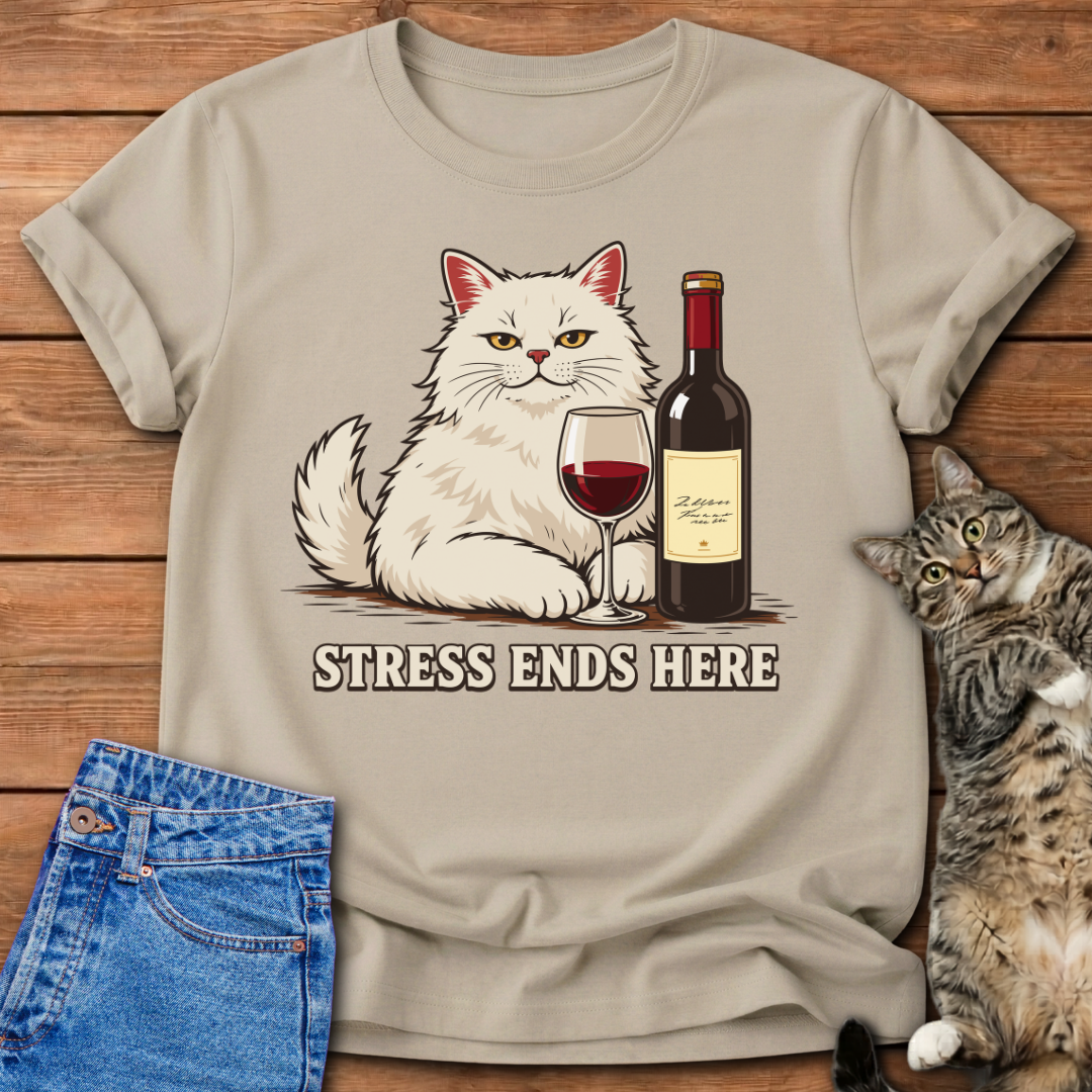 Stress Ends Here Cat & Wine T-Shirt